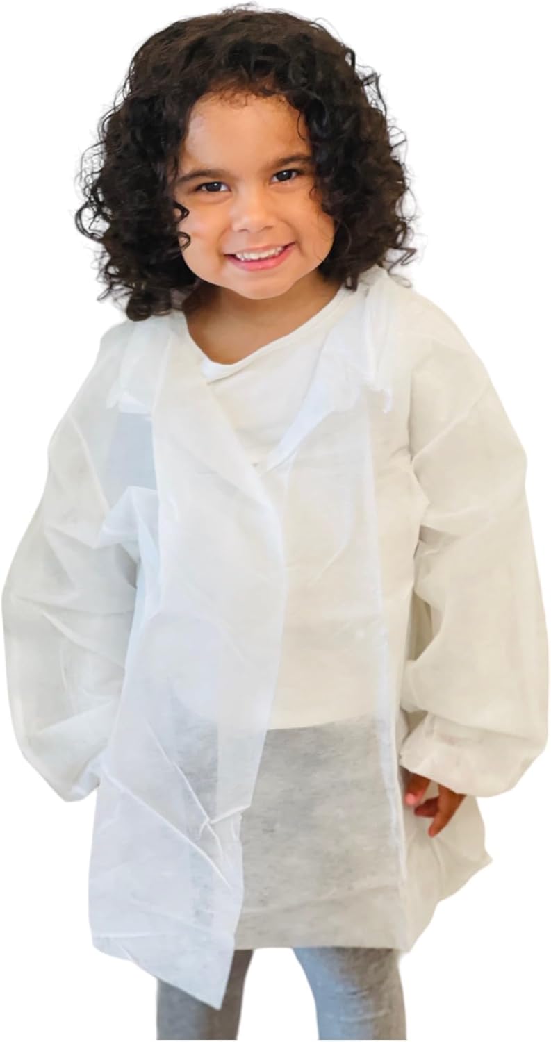 Mr Disposable Disposable Children's Lab Coats, White, No Snaps, Elastic Wrist, Single Collar, Size SMALL (5/6) Pack of 10 - Image 1